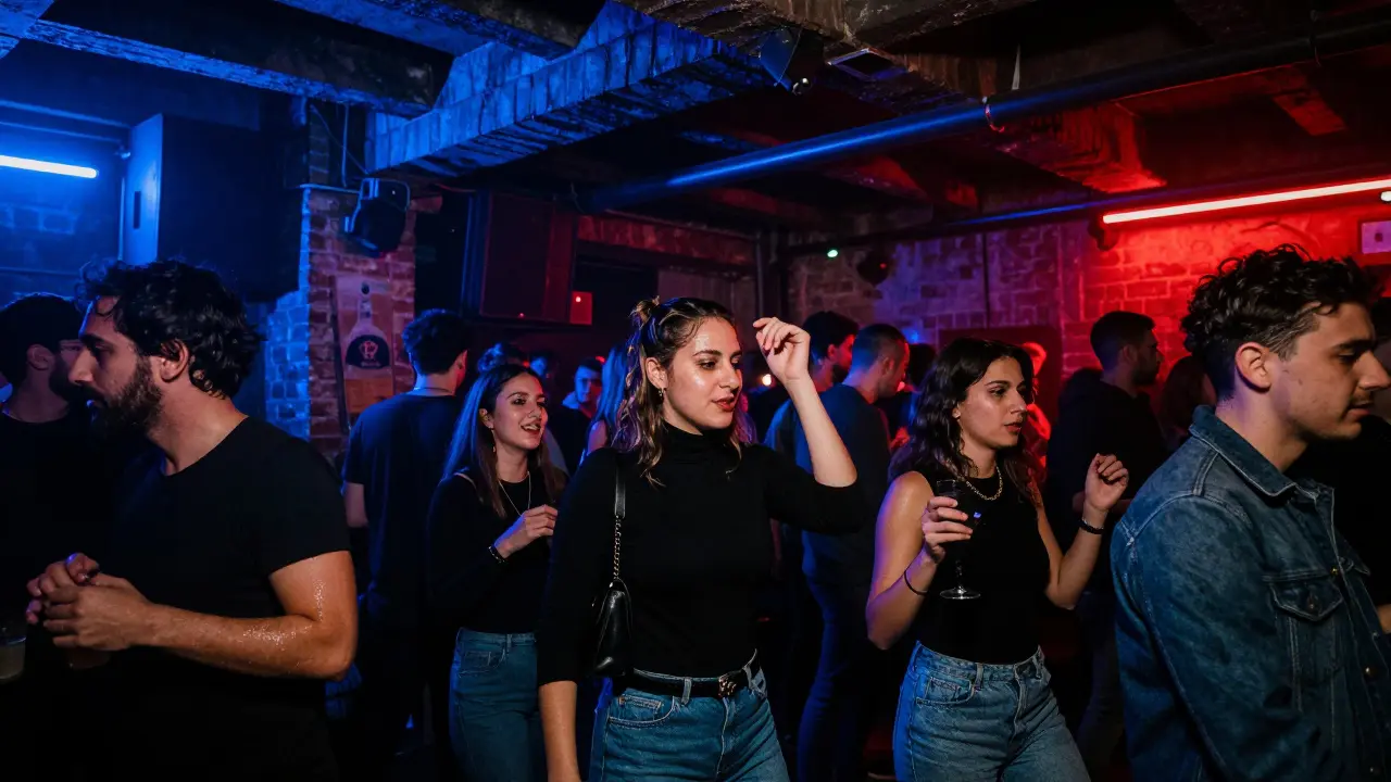 Crowd dancing in an industrial nightclub with neon lights and pulsing music.