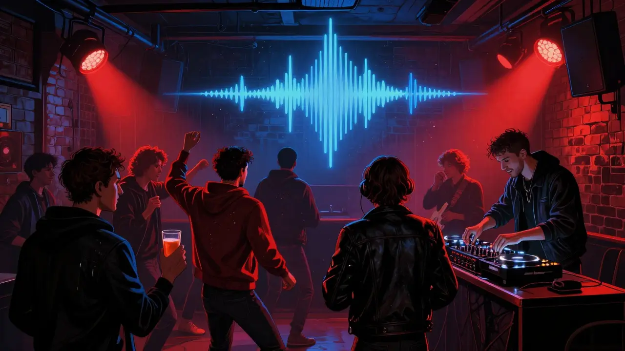 Crowd of men dancing in a basement music venue with pulsing lights and live sound, dressed casually in hoodies and jackets.