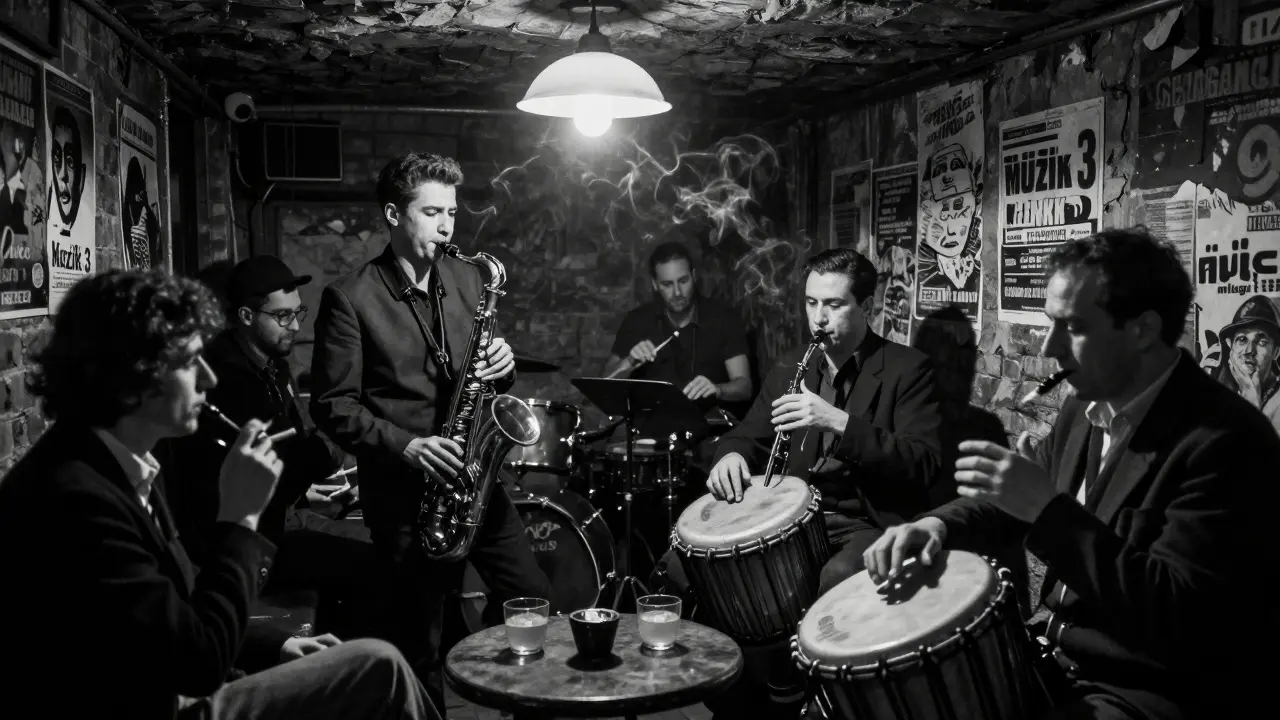 Dimly lit basement jazz club with musicians playing and patrons listening intently under vintage lighting.