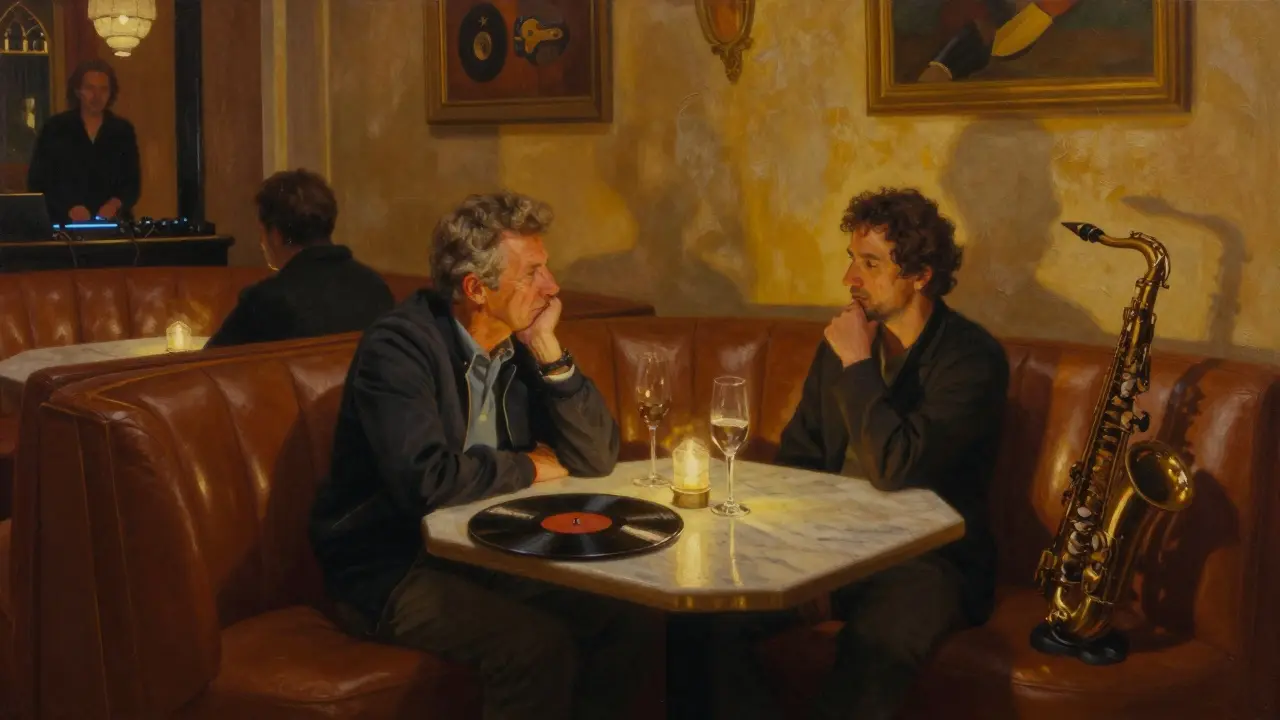 Dimly lit lounge with leather booths, a glass of fine wine, and a jazz saxophone resting nearby in quiet contemplation.