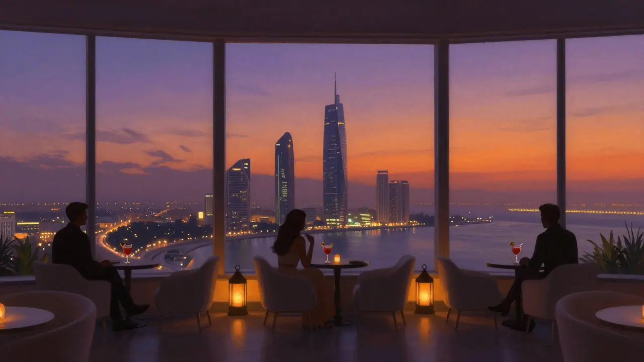 Elegant rooftop lounge with panoramic city and desert views at dusk, guests sipping colorful cocktails.