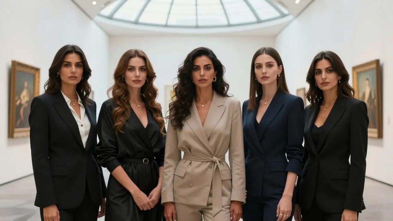 Five refined women in upscale clothing standing together in Louvre Abu Dhabi's art gallery, each representing a top companion.