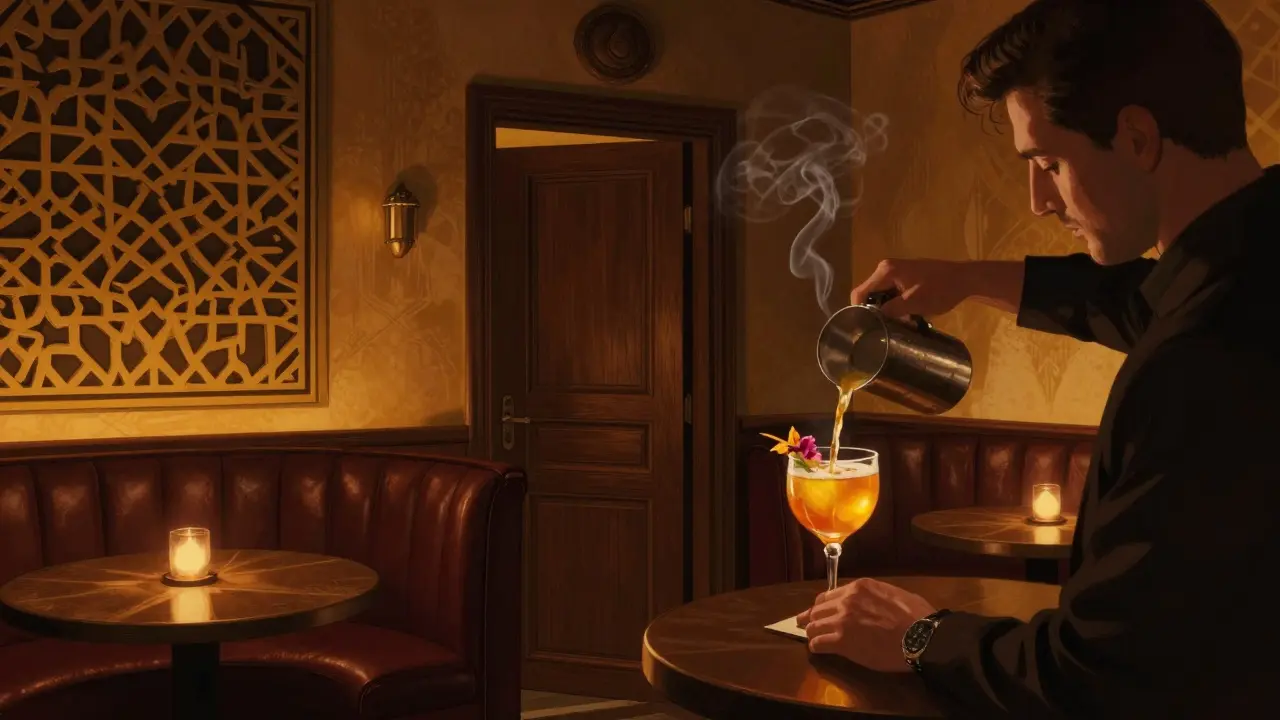 Hidden speakeasy with dim lighting, leather booths, and a bartender mixing a spiced cocktail.