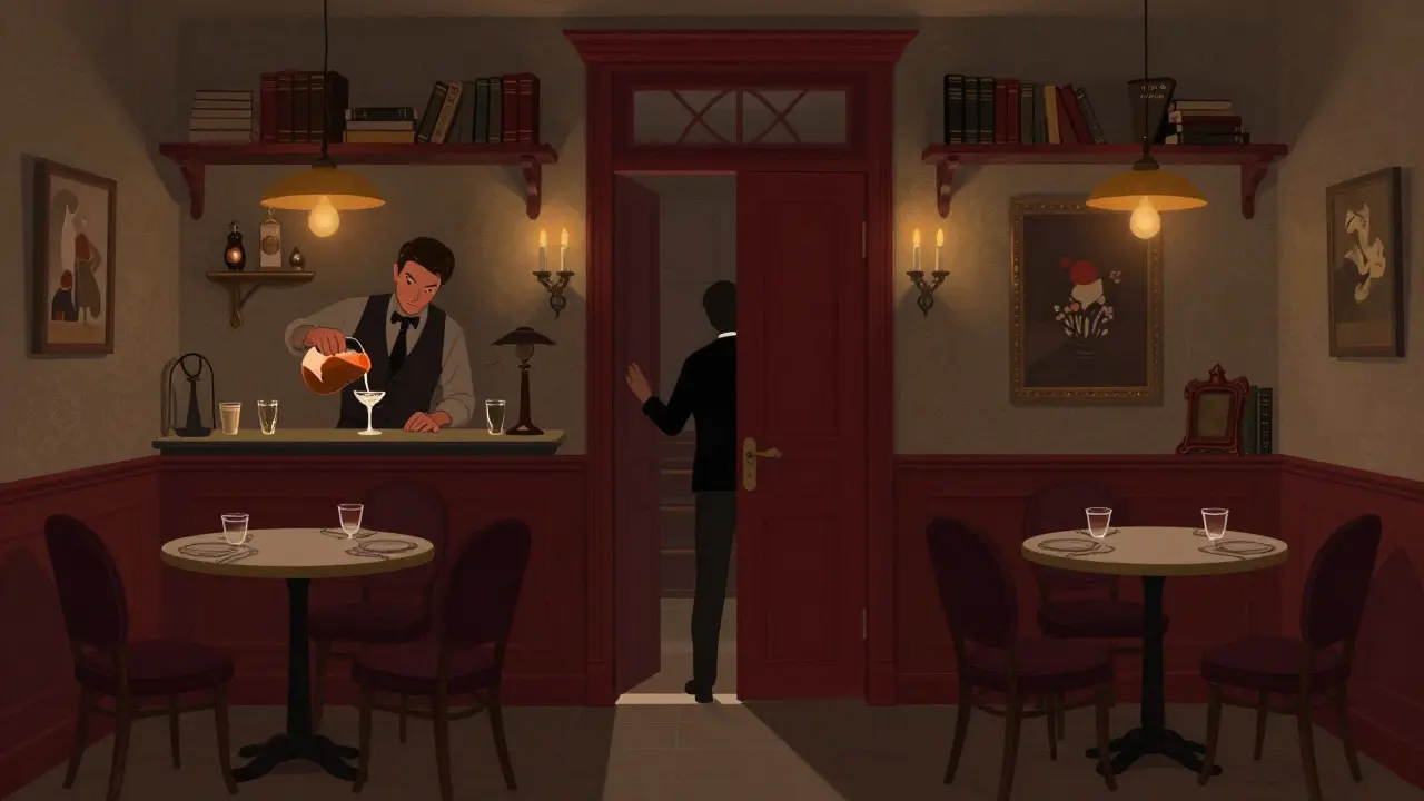 Intimate speakeasy behind a red door, candlelit interior with a bartender pouring a signature cocktail.