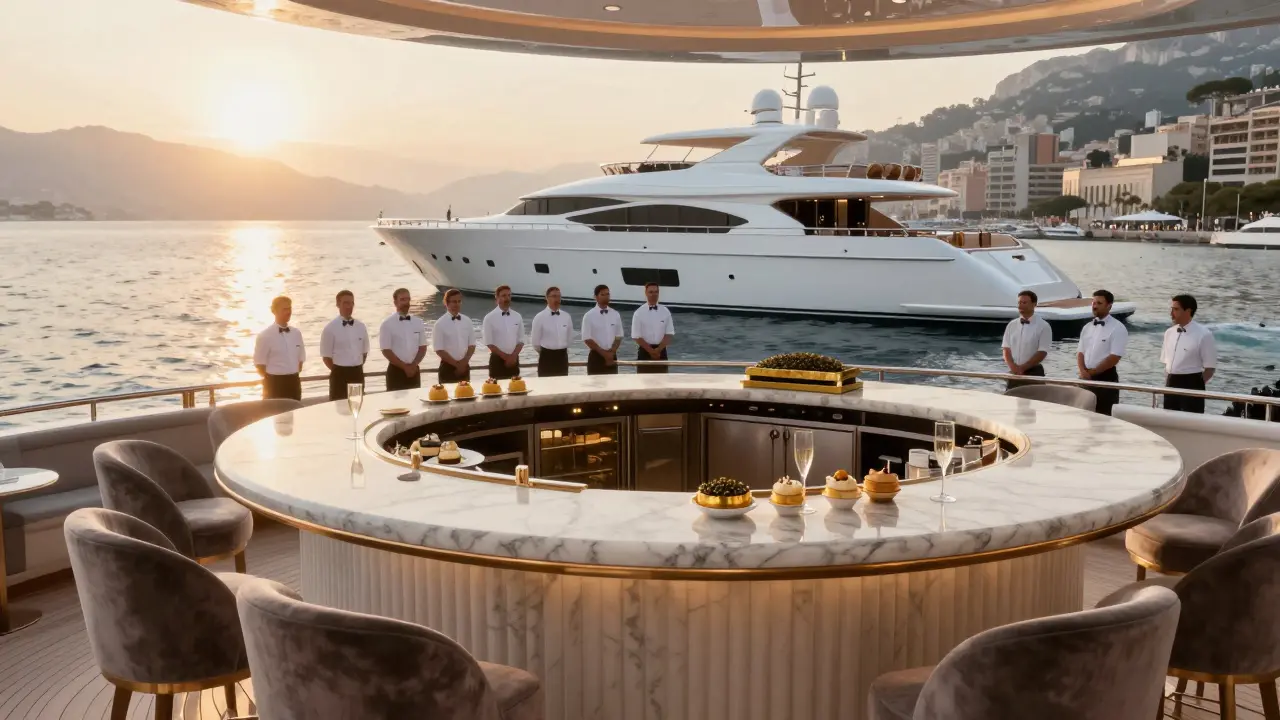 Luxury yacht at sunrise off Monaco’s coast, empty velvet chairs and champagne flute left on table, crew unseen but present.
