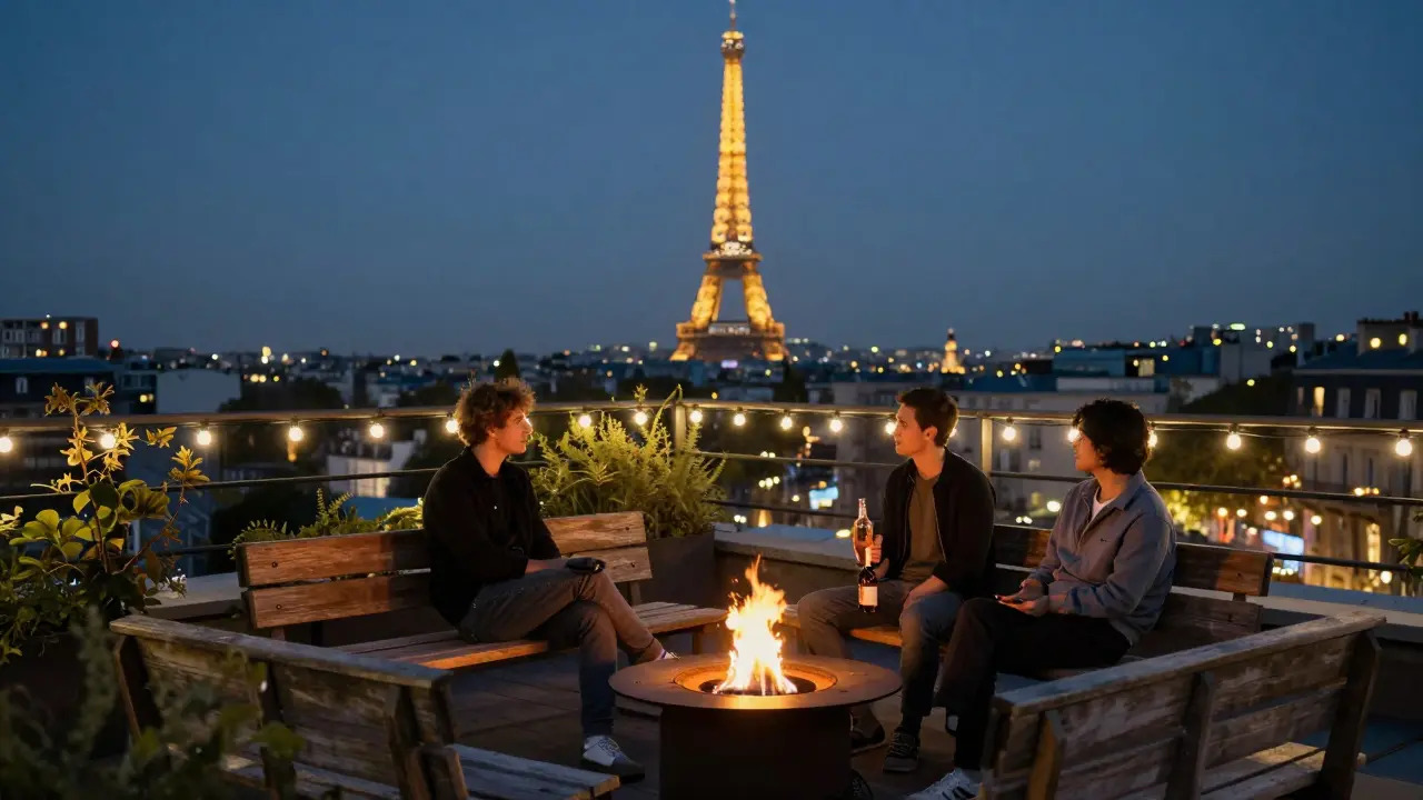 Men sitting quietly on a rooftop at night, gazing at Paris skyline with string lights and a fire pit in the foreground.