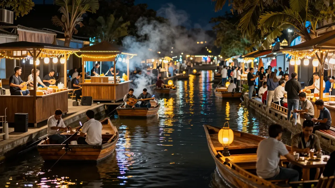 Night market by water with lantern-lit boats, food trucks, and live music under glowing lights.