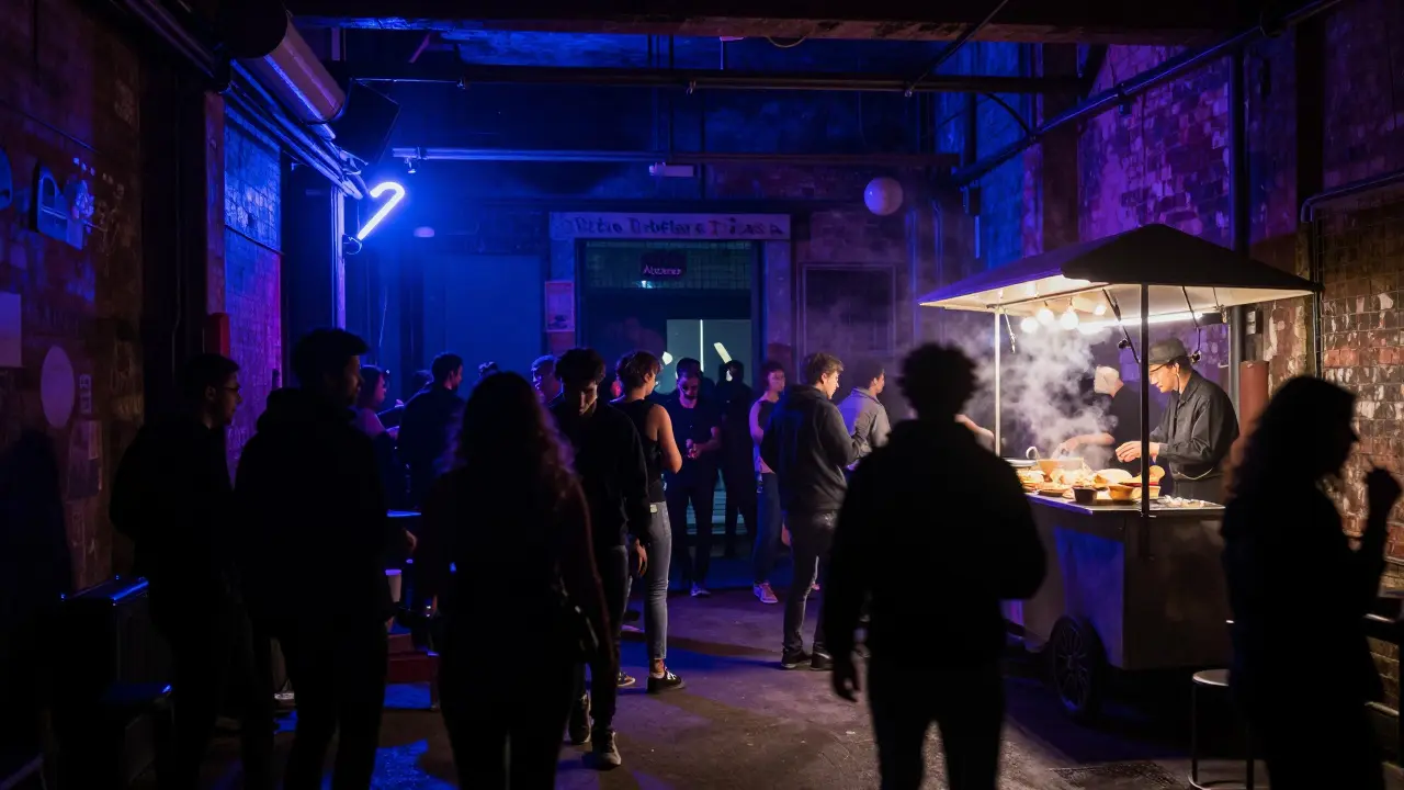 Porta Ticinese nightclub with glowing lights and dancing crowd, hidden entrance to Alcatraz in dark alley.