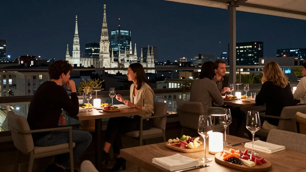Quiet rooftop bar with wine and city skyline view at night.