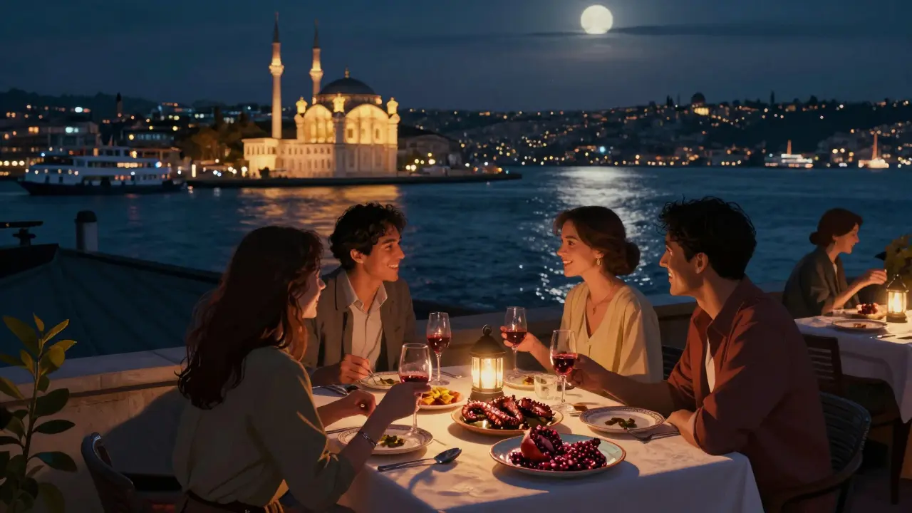 Rooftop dinner overlooking the Bosphorus with grilled octopus, lanterns, and the mosque glowing in the distance.