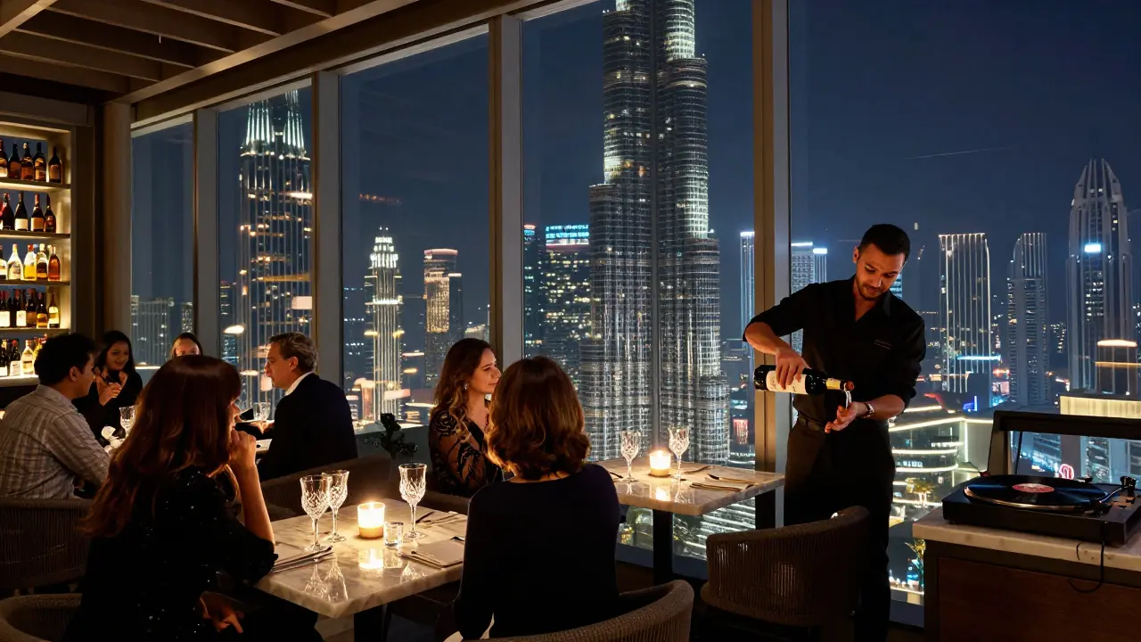 Rooftop wine bar with stunning view of Burj Khalifa at night, guests sipping wine under soft candlelight.