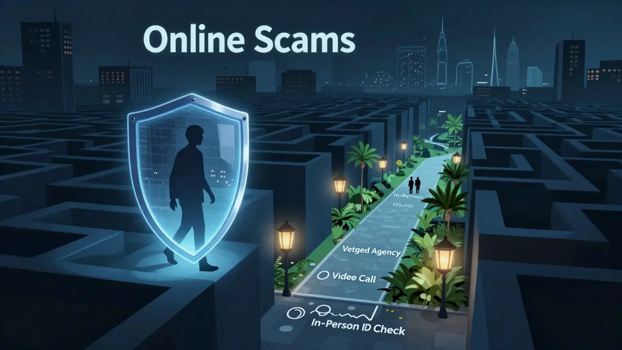 Safe path through scam-filled city to a peaceful garden, representing trusted escort services in Abu Dhabi.