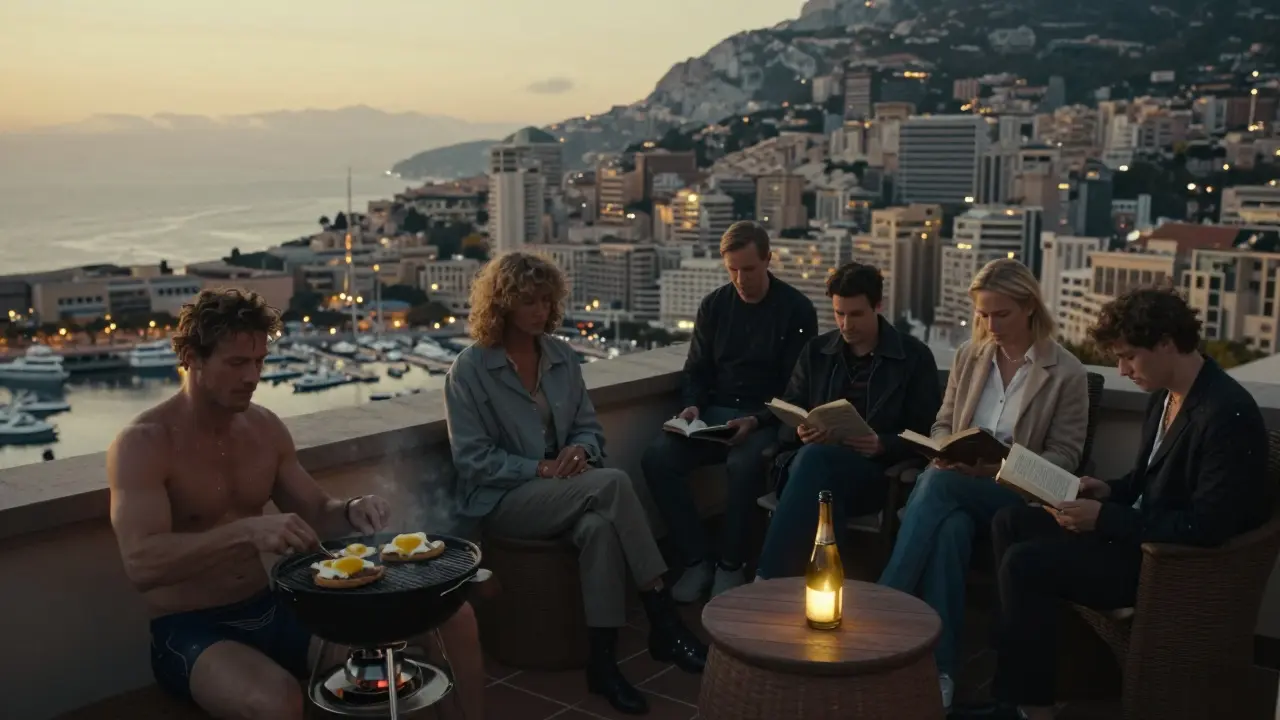 Secret rooftop at dawn: someone grills food as strangers listen to poetry under stars, a bottle of champagne glows softly.