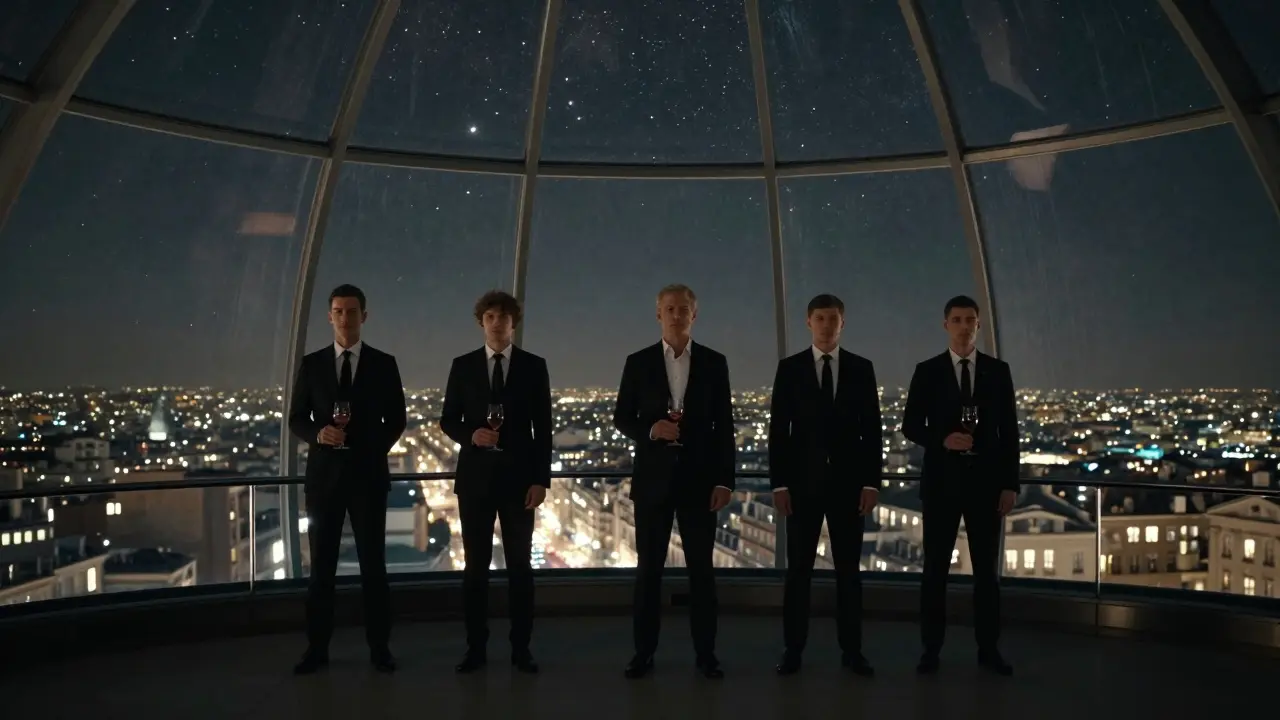 Silent guests in black tie standing beneath a glass dome, city lights below, stars above.