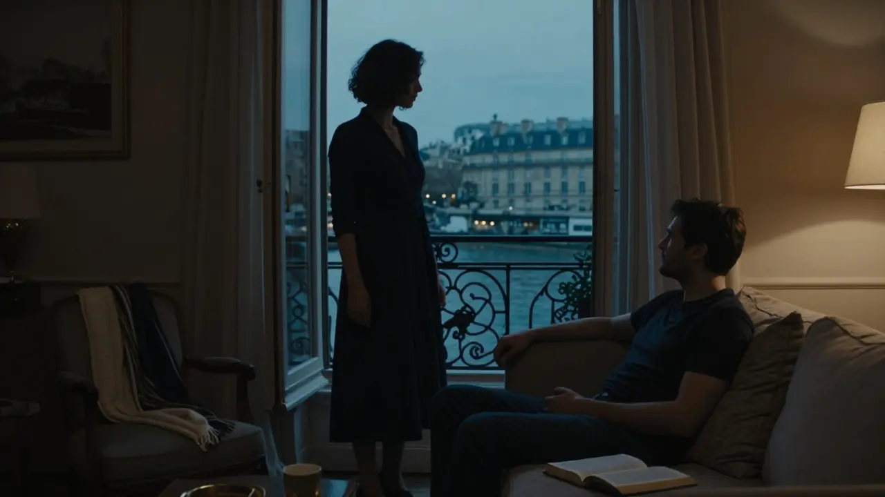 Silhouetted by the Seine at dusk, a woman stands near an open window as a man relaxes, bathed in warm lamplight.