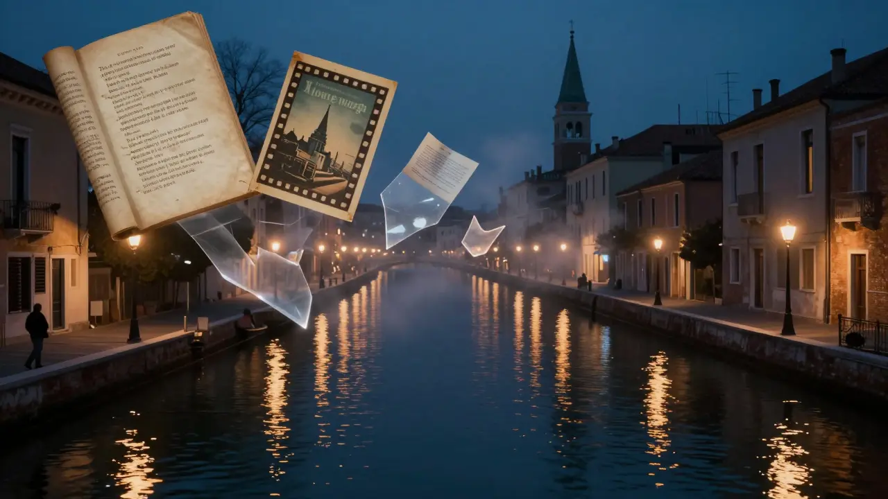 Silhouetted figure walks along Navigli canal at night, with floating cultural fragments reflected in the water under soft lantern light.