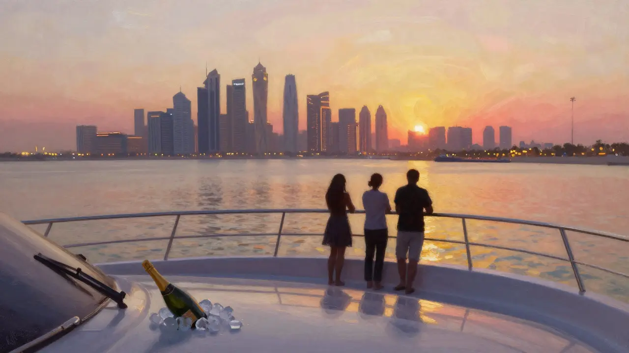 Silhouettes on a luxury yacht at sunset along Dubai Marina, golden light on the water.
