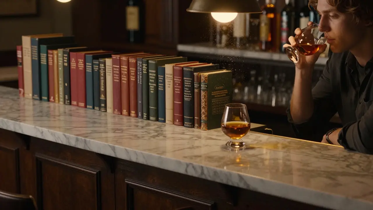Someone sipping bourbon at a book-lined bar, surrounded by vintage literature.
