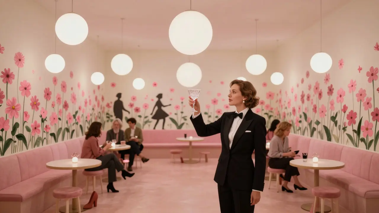 Surreal lounge at Sketch with pink floral walls and floating light orbs, guests in avant-garde fashion.