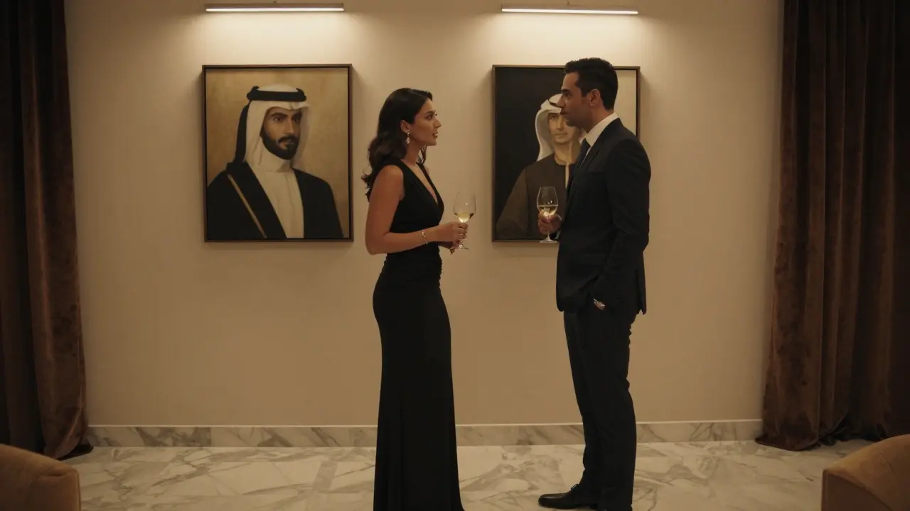 Two elegantly dressed individuals in a private club, engaged in quiet conversation beside modern Middle Eastern art.