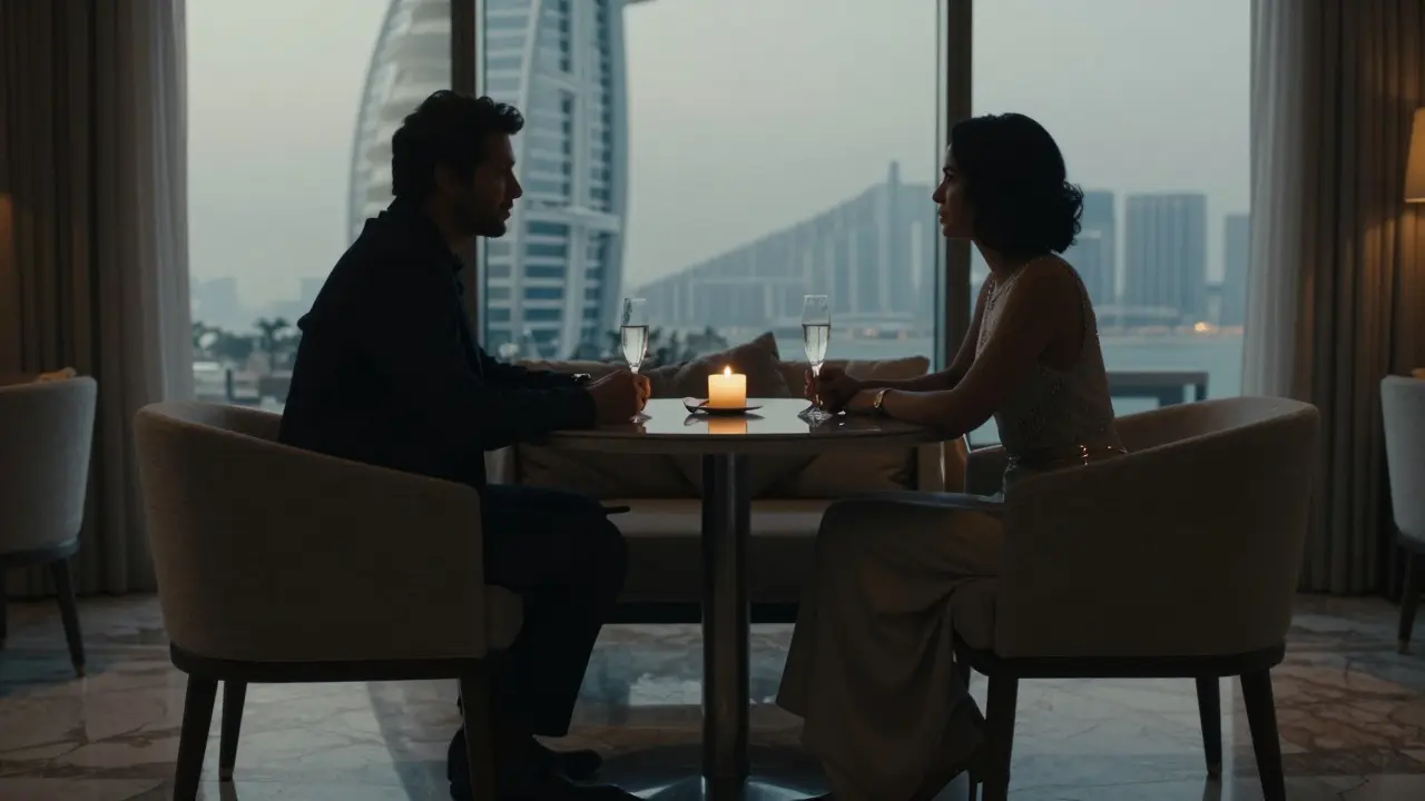 Two figures in a private lounge at Atlantis The Palm, faces hidden, candlelight casting shadows.