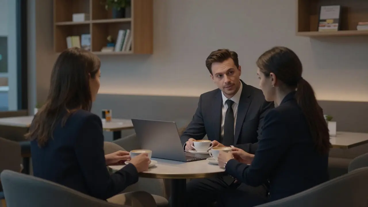 Two people having a calm, respectful meeting in a quiet Dubai café at dusk.