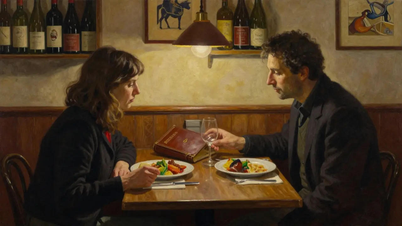 Two people share a quiet dinner at a cozy Milanese trattoria, lit by warm lamplight with a book resting on the table.