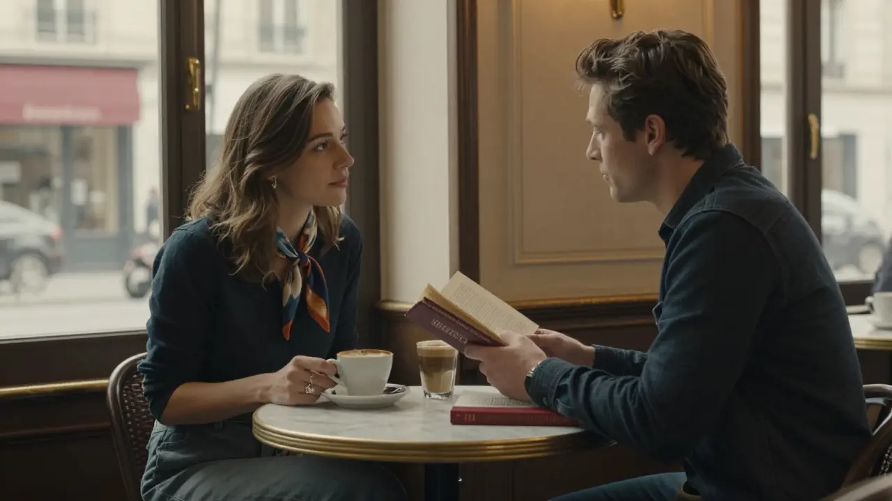 Two people sit quietly in a Paris café, drinking coffee and reading, no devices, atmosphere of thoughtful connection.