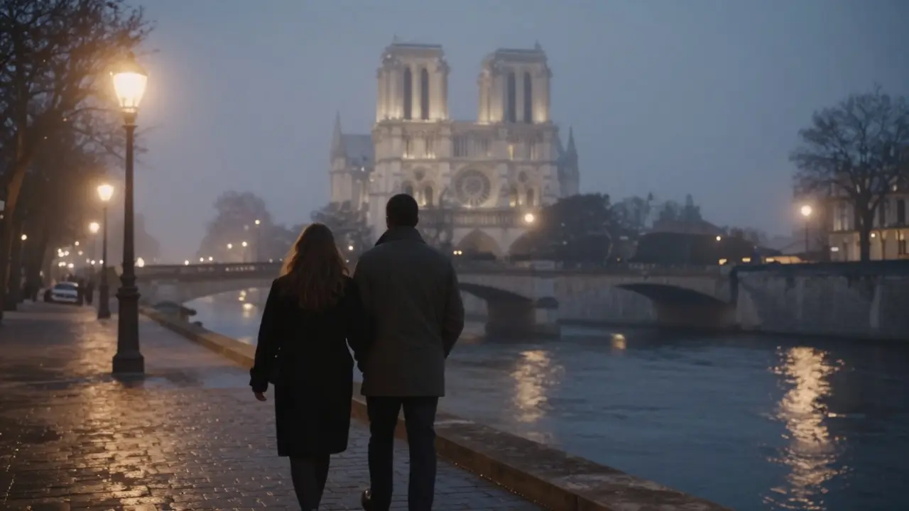 Two people walk hand-in-hand along the Seine at night, their reflections glowing on the water.