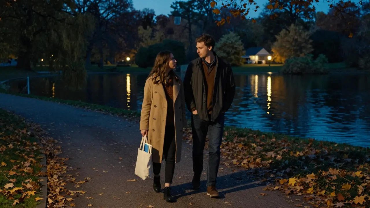 Two people walking peacefully through Hyde Park at night, lanterns reflecting on the Serpentine.