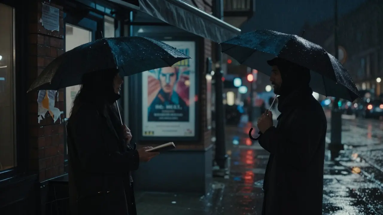 Two silhouetted figures exchanging a notebook under a jazz bar awning in rainy Berlin at night.