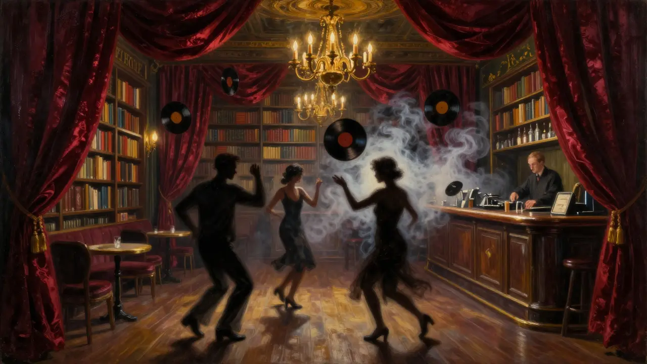 Underground club with velvet curtains and candlelight, dancers silhouetted in a 1920s-inspired dream.