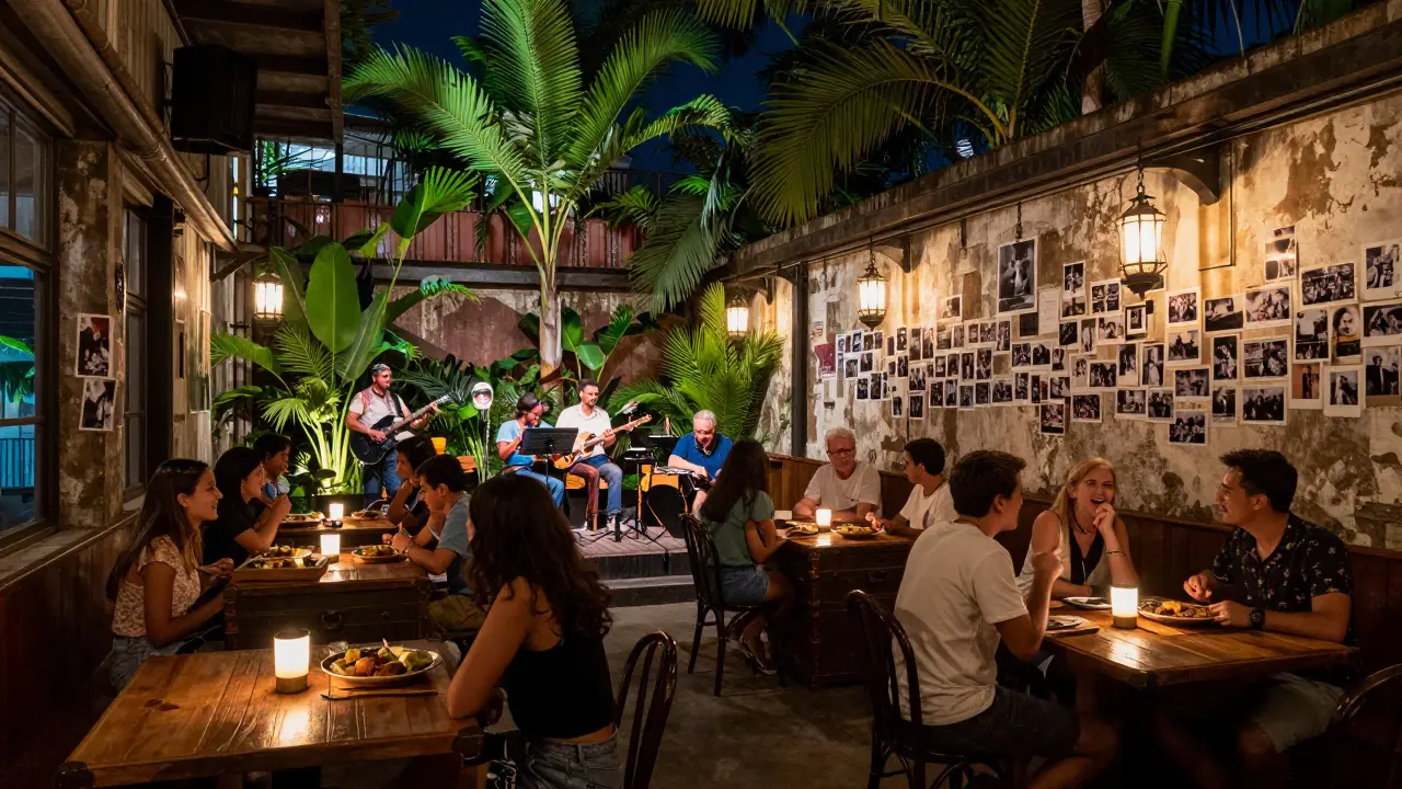 Vibrant jungle-themed bar with live music, diverse crowd, and tropical plants under lantern glow.