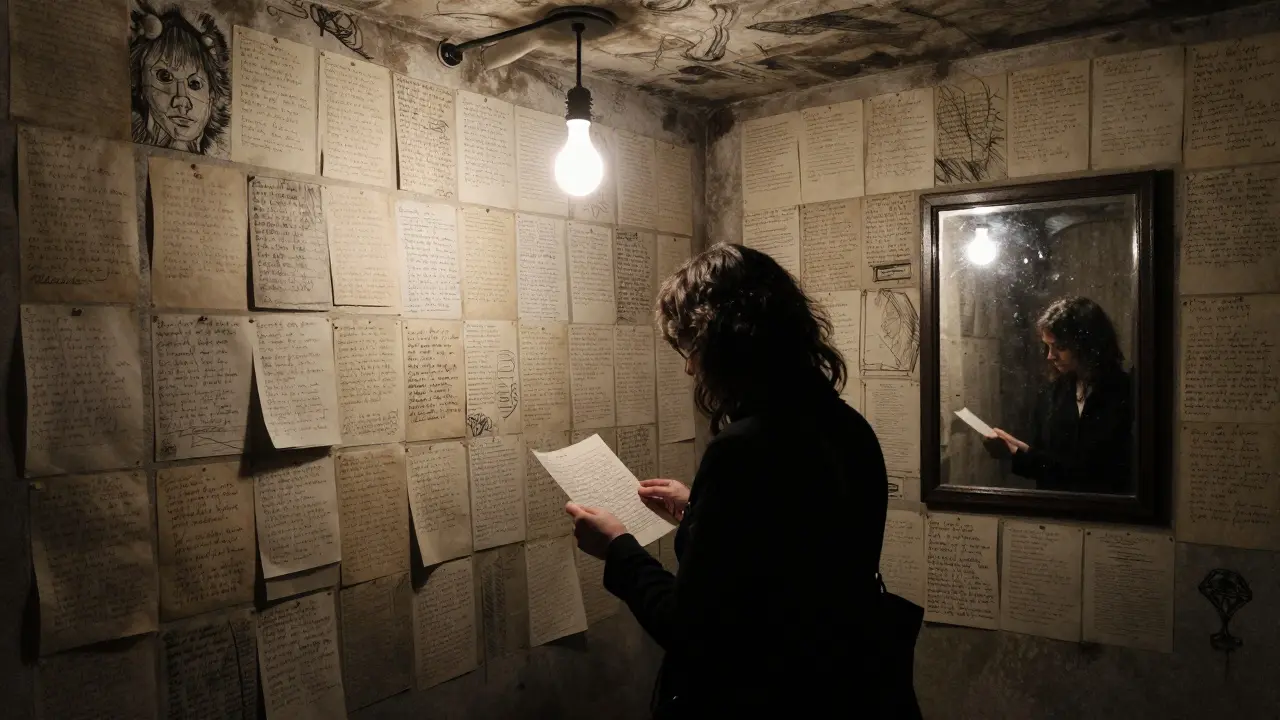 A basement gallery with a wall of handwritten confessions and a mirror reflecting a quiet visitor.