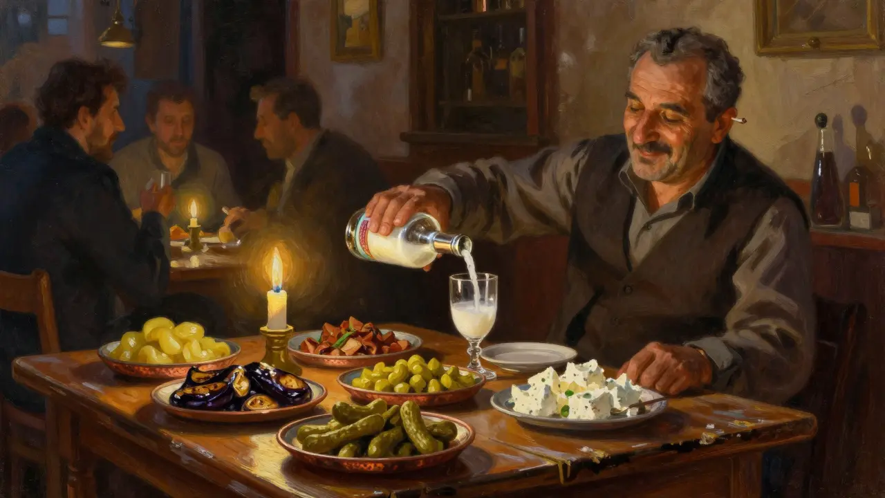 A candlelit table at Karaköy Güvercin with raki pouring into a milky glass and traditional meze on copper trays.