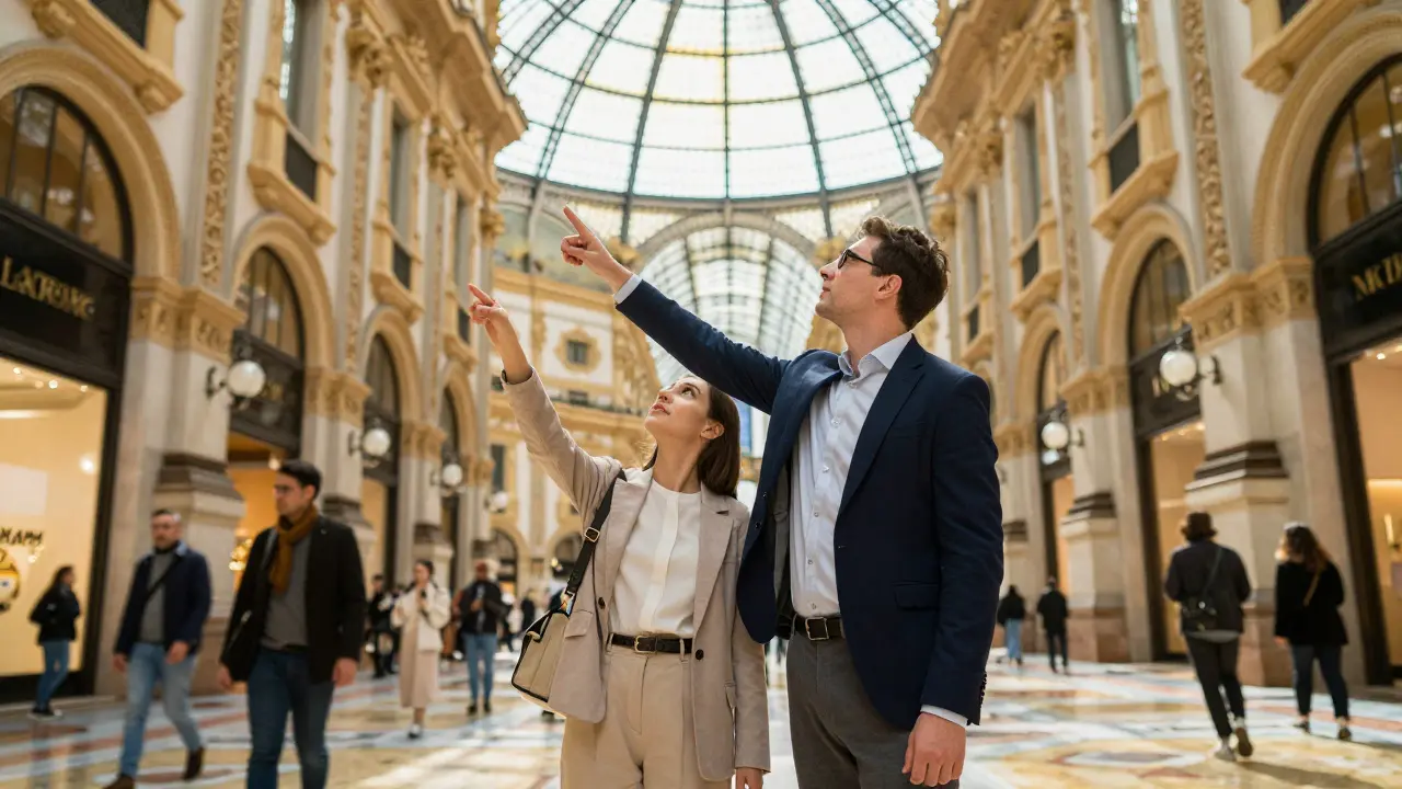 A companion and client gazing up at the stained-glass dome of Galleria Vittorio Emanuele II in daylight.