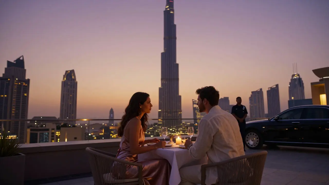 A couple dining on a rooftop terrace with Dubai’s skyline at sunset, discreetly chaperoned.