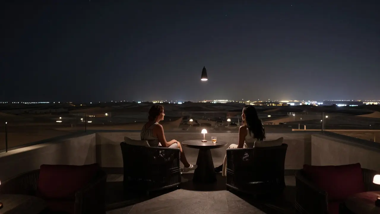 A couple enjoys quiet moments on a rooftop lounge in Abu Dhabi, city and desert lights twinkling beyond, whiskey glass nearby.
