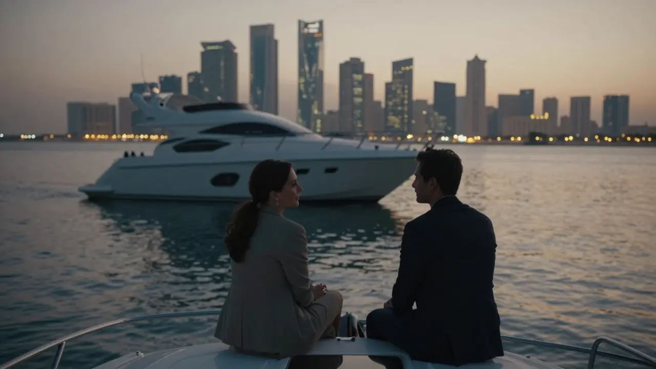 A couple shares silent conversation on a private yacht at dusk, city lights faintly visible behind them.