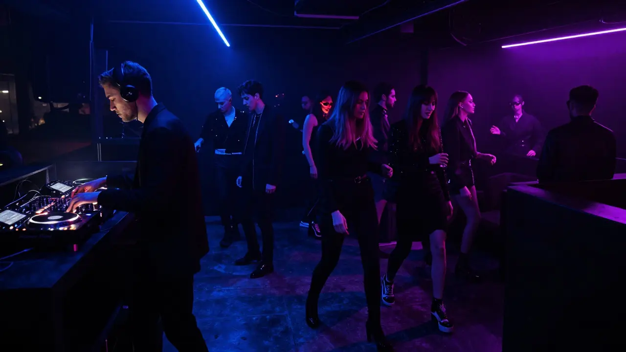 A dark, atmospheric techno club with neon lights and stylish patrons dancing to pulsing bass.