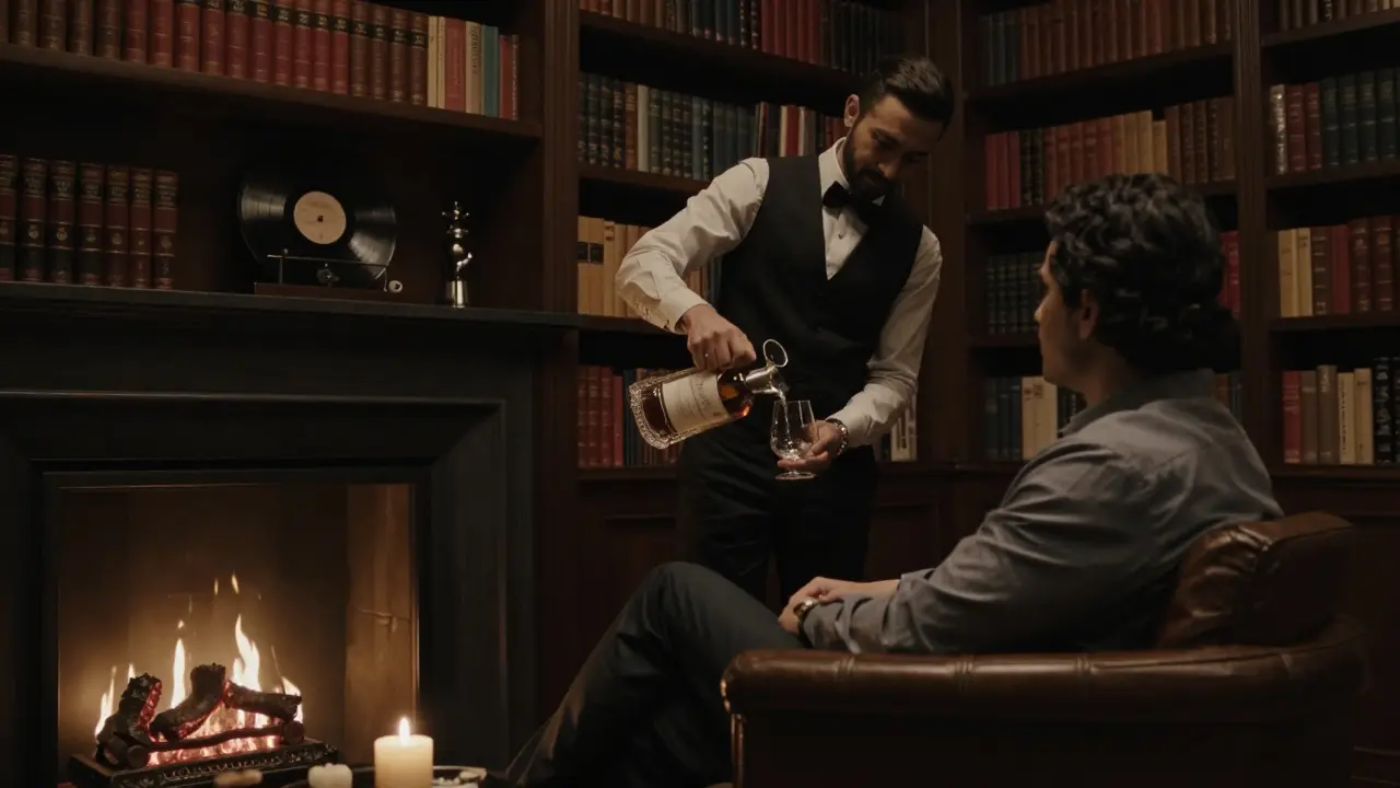 A guest being served a rare whiskey in a dim, book-filled lounge with vintage vinyl playing softly.