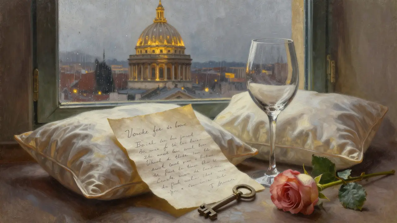 A handwritten note and rose rest on a silk pillow beside an empty wine glass, with the Duomo glowing in the twilight window.