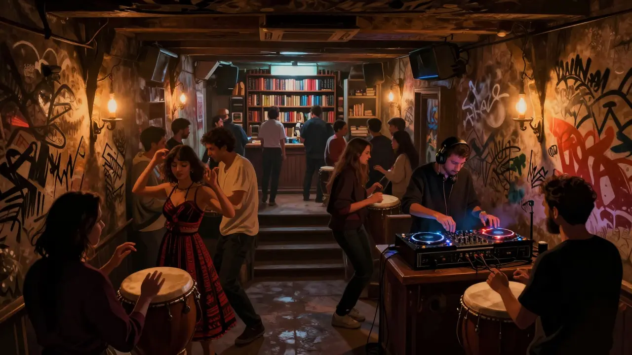 A hidden underground club in Karaköy where people dance to fusion music under dim candlelight and graffiti-covered walls.