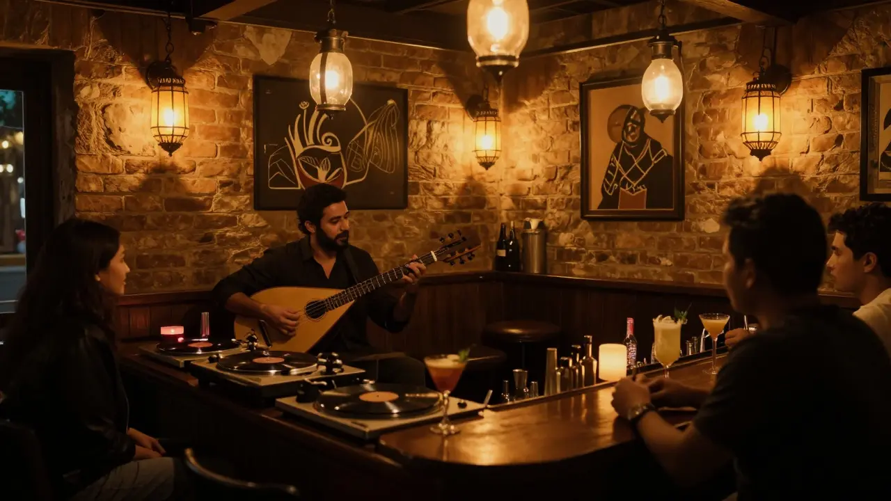 A live oud performance in a cozy underground jazz bar with a bartender crafting cocktails.