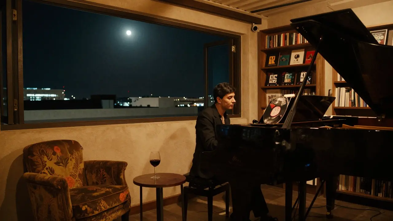 A lone person listening to live jazz on a rooftop above a bookstore, moonlight streaming in.