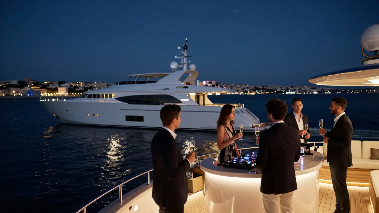 A luxurious superyacht at midnight with guests mingling under stars and ambient deck lights.