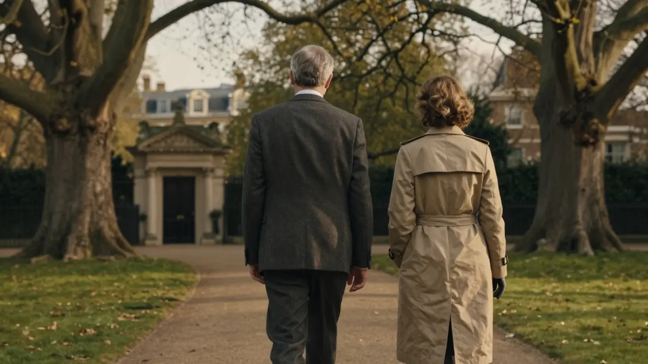 A man and woman walk silently through St. James’s Park at dusk, dressed in elegant attire, approaching a discreet private club entrance.