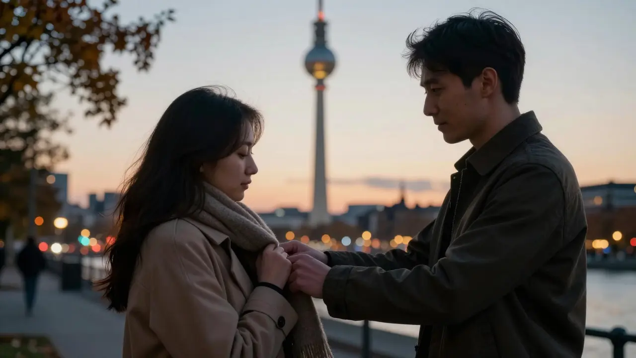 A man offers his jacket to a woman as they stand beneath the Berlin TV Tower at dusk, a moment of quiet care and respect.