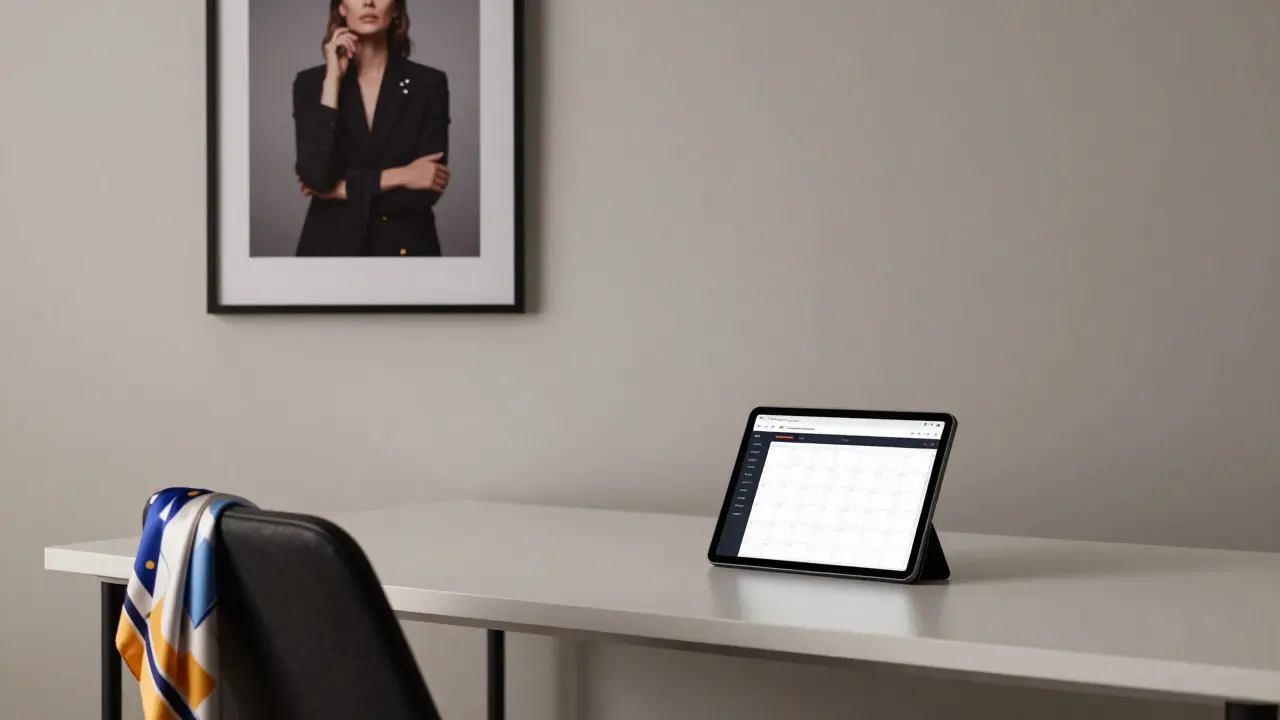 A minimalist desk with encrypted booking tools and a single professional photo, symbolizing discreet luxury.
