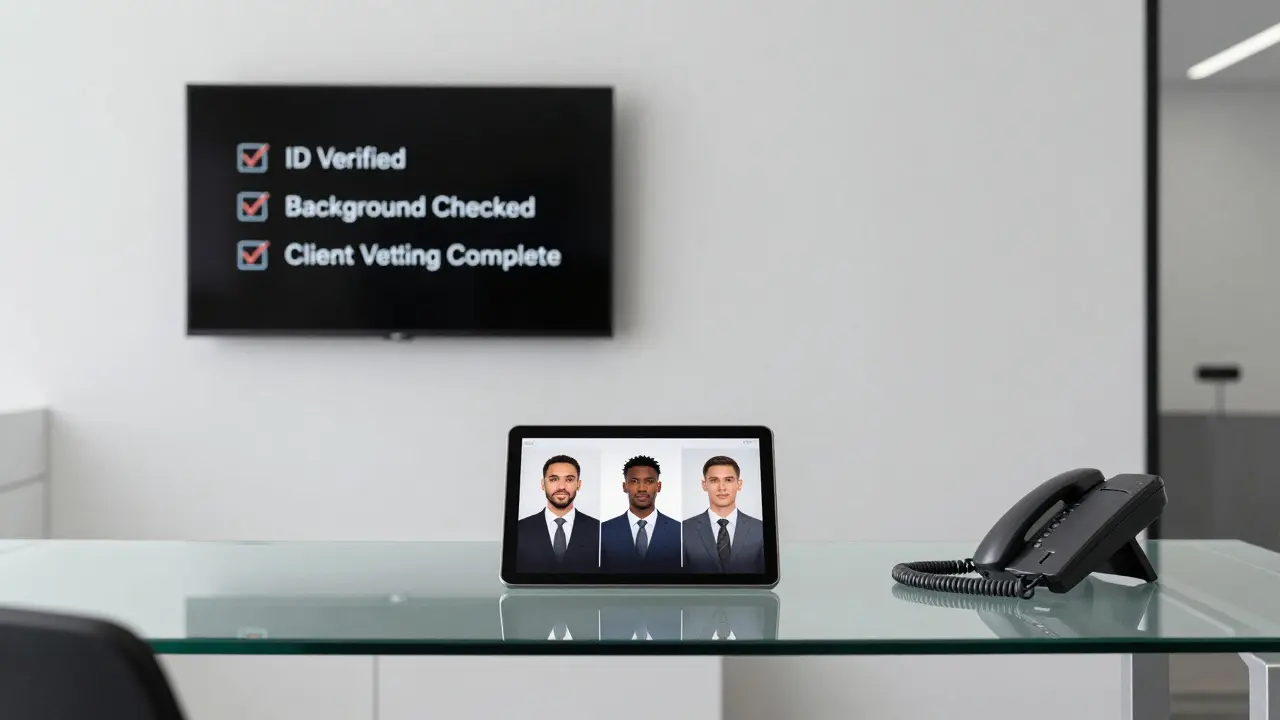 A modern agency office with blurred client profiles and vetting checklist on a digital screen.